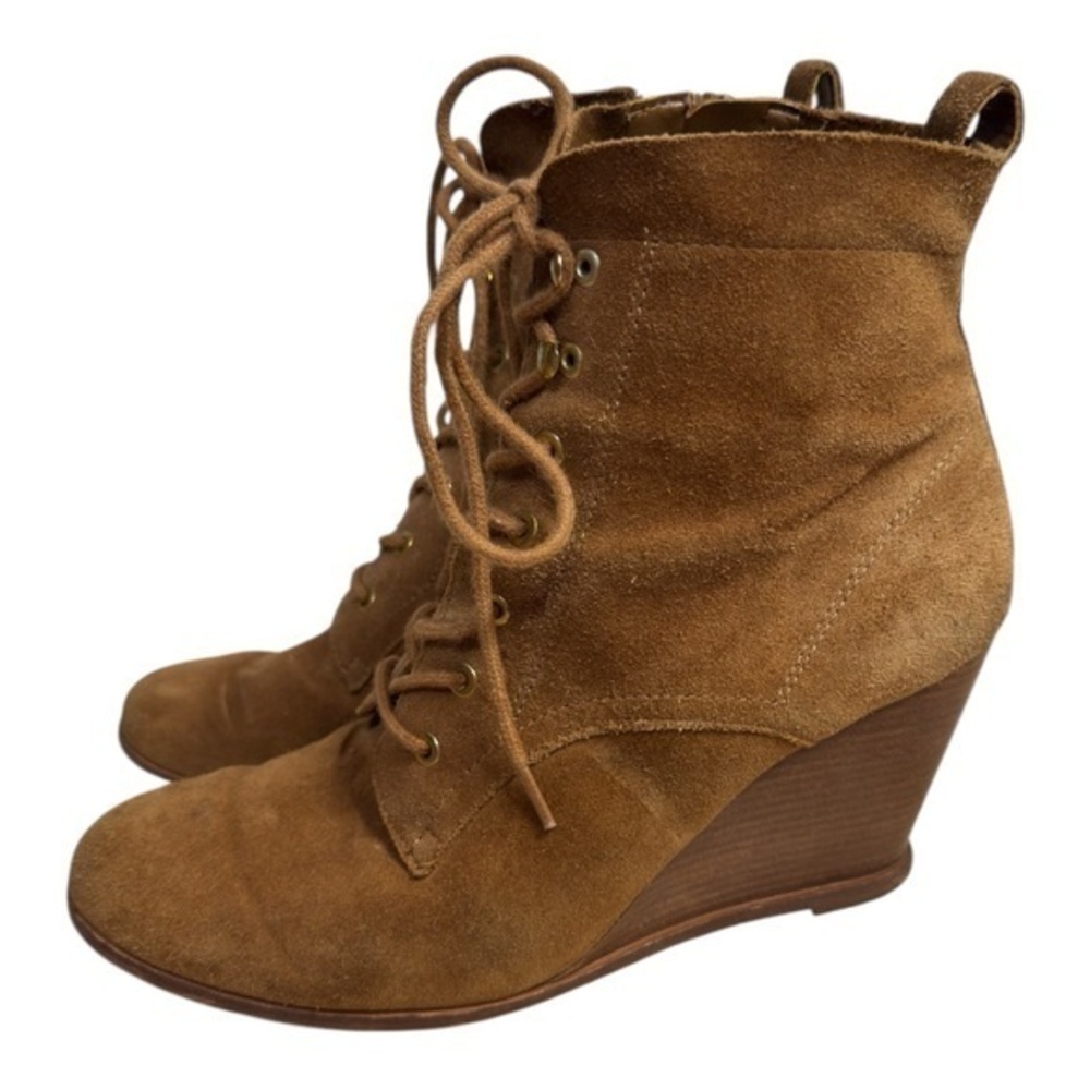 BCBGeneration Suede Wedge Lace-Up Booties - Size 9.5 Tan Fall Causal Boot Shoe
